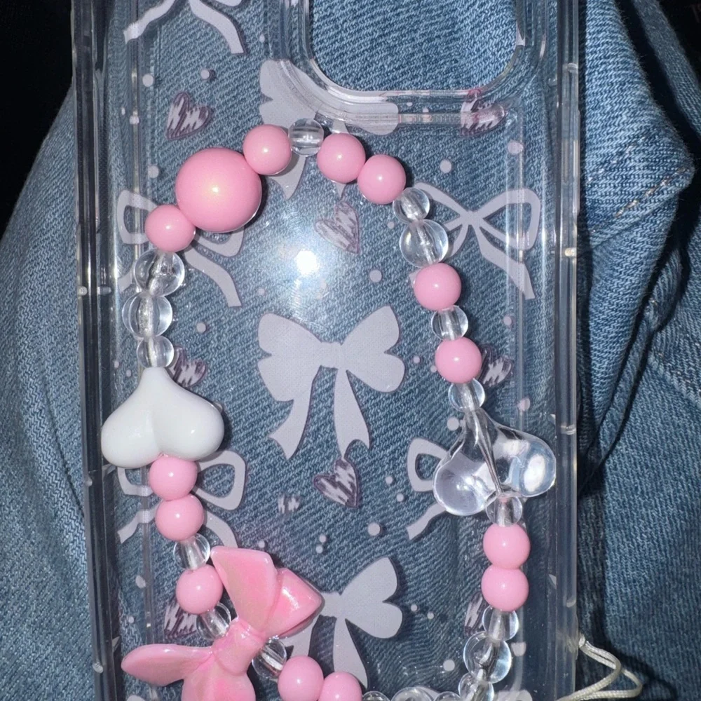 Pink Bow Phone Case with Beaded Strap